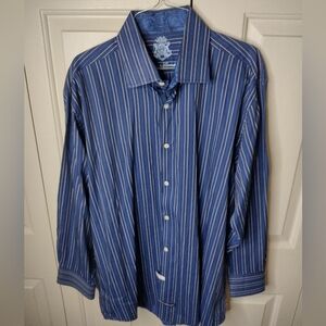 English Laundry Mens Dress Shirt Blue Stripe W/ Adornments Mens 17  33/34